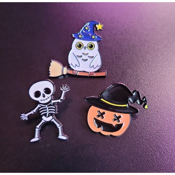 cute Halloween characters enamel pin set - witch owl, skeleton, pumpkin - Picture 1 of 2